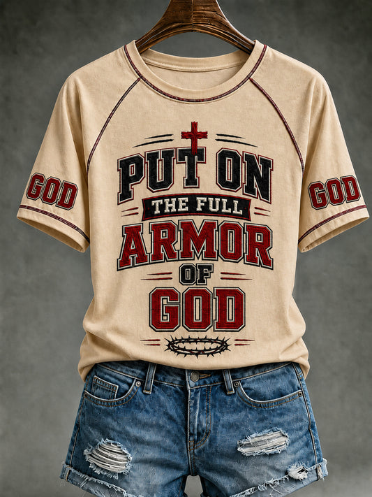 Women's Christian Put On The Full Armor Of God Cross Round Neck Short Sleeve T-shirt