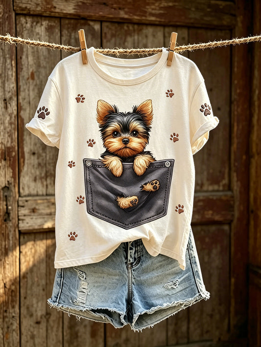 Women's cute dog pattern printed casual short-sleeve T-shirt