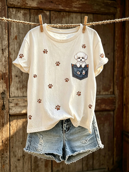 Women's cute dog pattern printed casual short-sleeve T-shirt