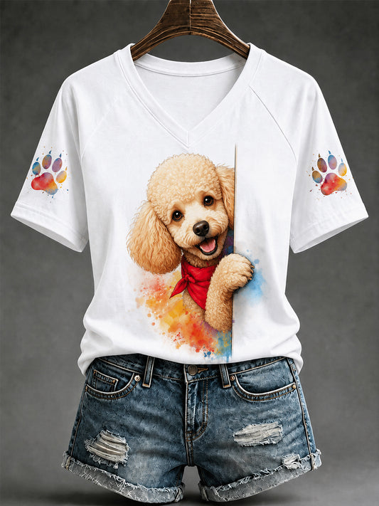 Women's Cute Dog Print Gift For Pet Lovers Casual V-Neck Tee