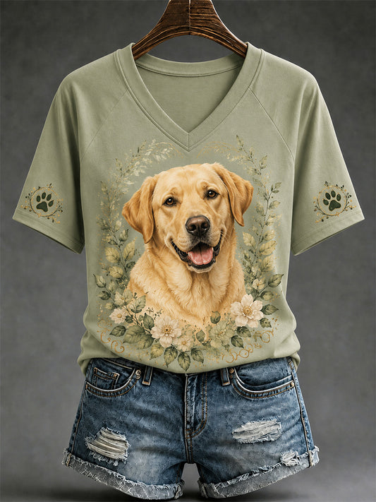 Women's Retro Dog Print Casual V-Neck Tee