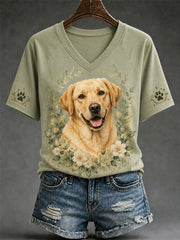 Women's Retro Dog Print Casual V-Neck Tee