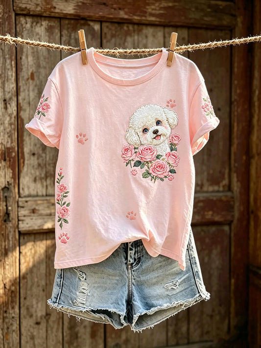 Women's cute dog pattern printed casual short-sleeve T-shirt