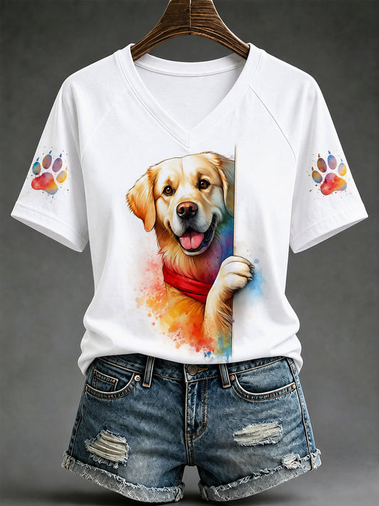 Women's Cute Dog Print Gift For Pet Lovers Casual V-Neck Tee