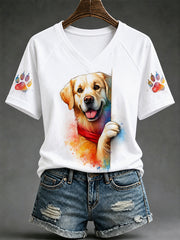 Women's Cute Dog Print Gift For Pet Lovers Casual V-Neck Tee