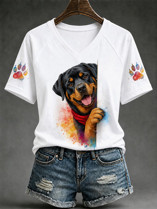 Women's Cute Dog Print Gift For Pet Lovers Casual V-Neck Tee