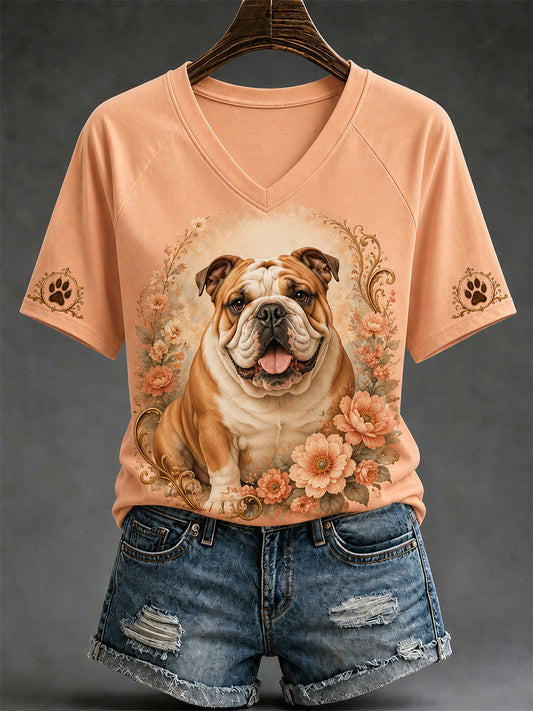 Women's Retro Dog Print Casual V-Neck Tee