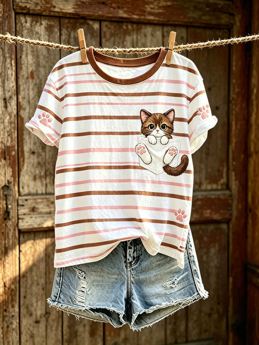 Women's cut cat pattern printed casual short-sleeved T-shirt