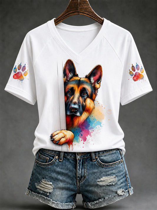 Women's Cute Dog Print Gift For Pet Lovers Casual V-Neck Tee