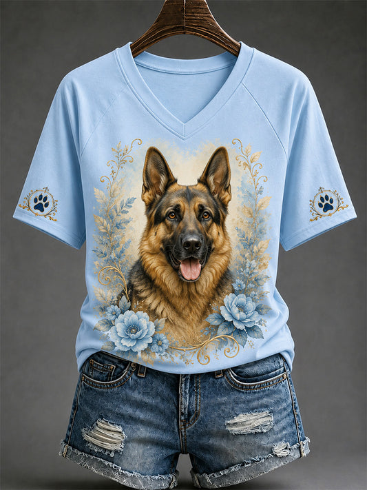 Women's Retro Dog Print Casual V-Neck Tee