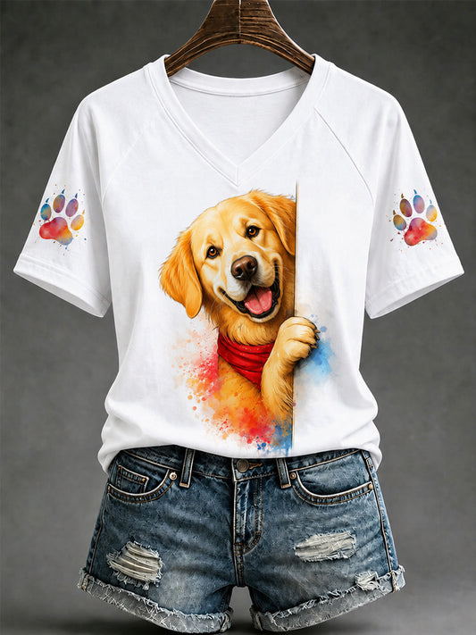 Women's Cute Dog Print Gift For Pet Lovers Casual V-Neck Tee