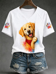 Women's Cute Dog Print Gift For Pet Lovers Casual V-Neck Tee