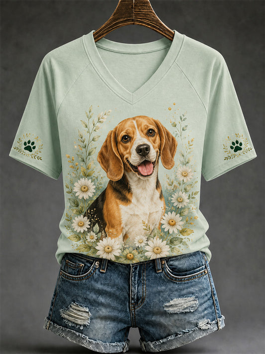 Women's Retro Dog Print Casual V-Neck Tee