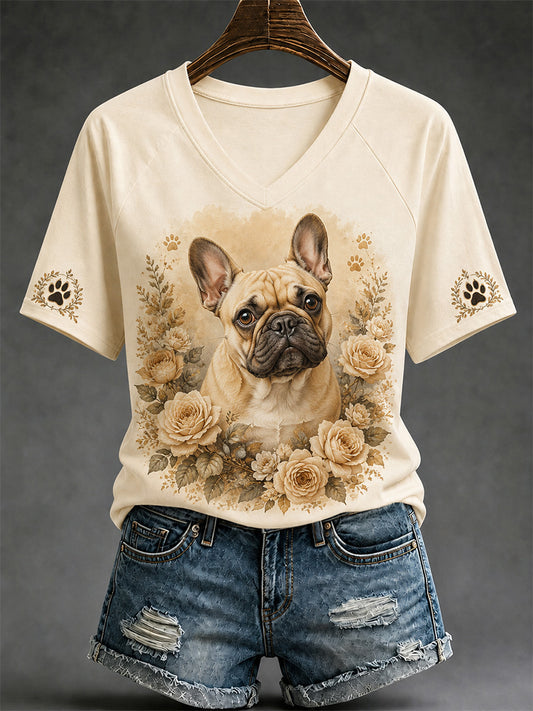 Women's Retro Dog Print Casual V-Neck Tee
