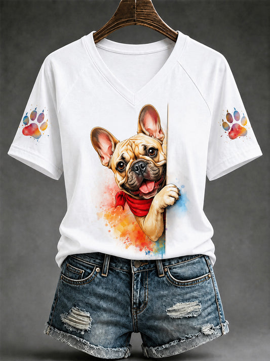 Women's Cute Dog Print Gift For Pet Lovers Casual V-Neck Tee