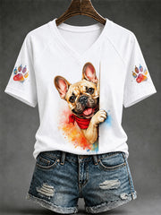 Women's Cute Dog Print Gift For Pet Lovers Casual V-Neck Tee