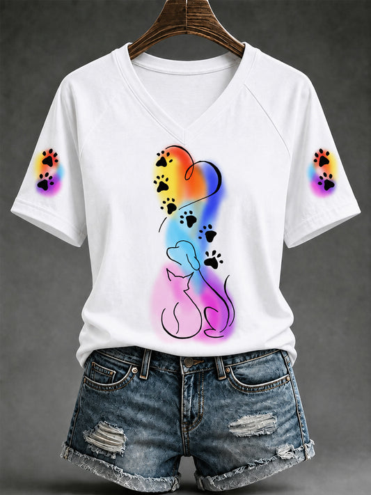 Women's Cute Dog And Cat Print Gift For Pet Lovers Casual V-Neck Tee