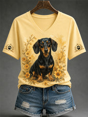 Women's Retro Dog Print Casual V-Neck Tee
