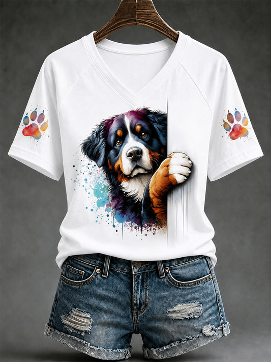 Women's Cute Dog Print Gift For Pet Lovers Casual V-Neck Tee