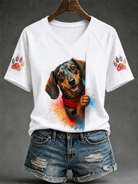 Women's Cute Dog Print Gift For Pet Lovers Casual V-Neck Tee