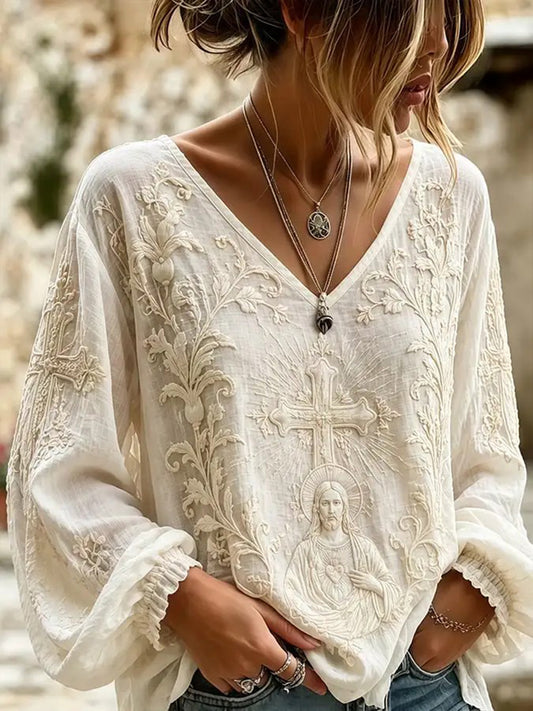 Women's Boho Faith Cross Print Cotton-Linen Shirt