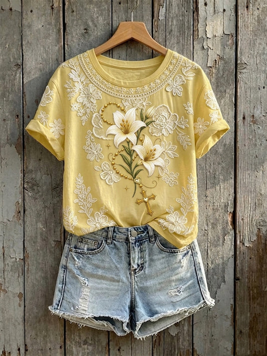 Women's Vintage Lily Flower Cross Art Print Short-sleeved T-shirt