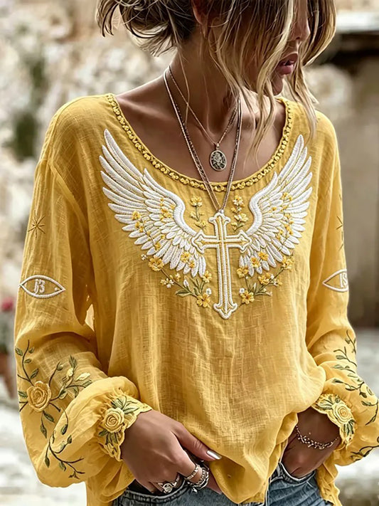 Women's Boho Faith Cross Print Cotton-Linen Shirt