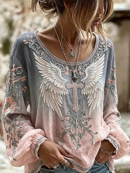 Women's Boho Faith Cross Print Cotton-Linen Shirt