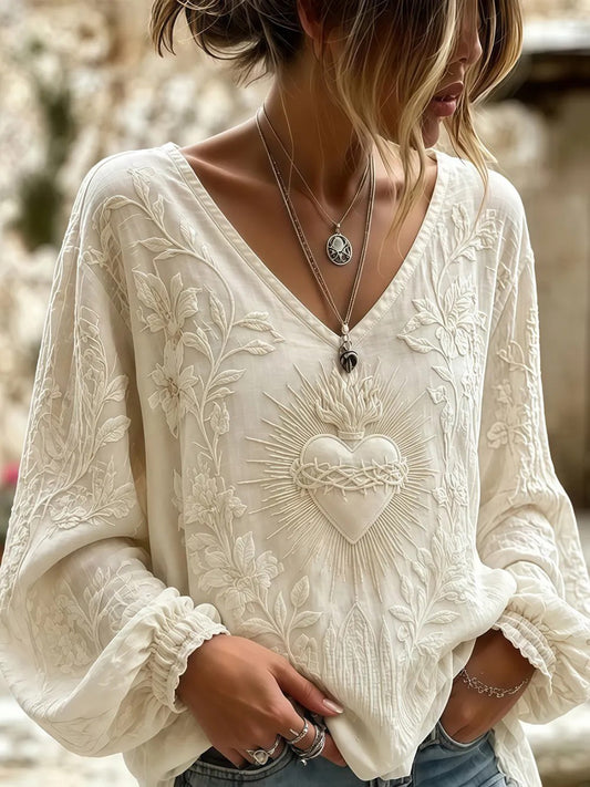Women's Boho Faith Cross Print Cotton-Linen Shirt