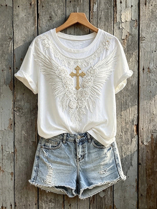 Women's Vintage Floral Wings Cross Print Short-sleeved T-shirt
