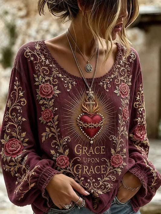 Women's Boho Faith Cross Print Cotton-Linen Shirt