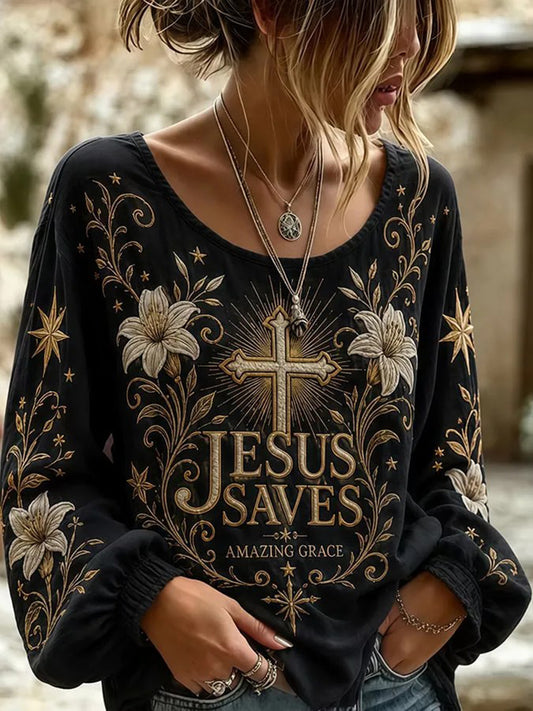 Women's Boho Faith Cross Print Cotton-Linen Shirt