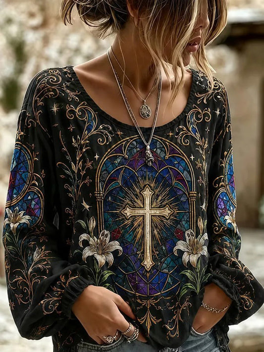Women's Boho Faith Cross Print Cotton-Linen Shirt
