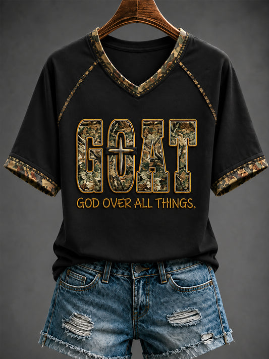 Women's Christian GOAT God Over All Things V-neck Off-shoulder Short-sleeved T-shirt