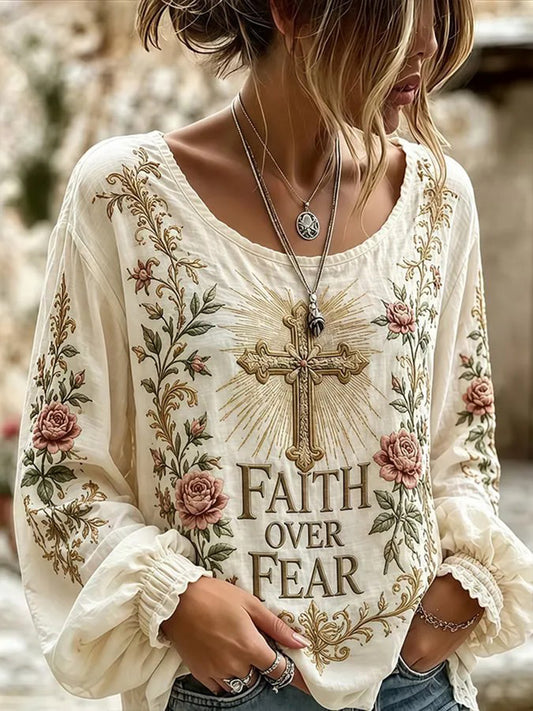 Women's Boho Faith Cross Print Cotton-Linen Shirt