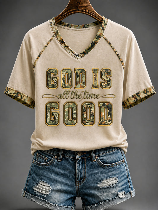 Women's Christian God Is Good All The Time V-neck Off-shoulder Short-sleeved T-shirt