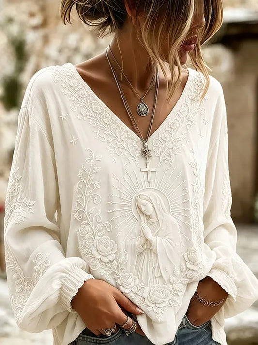 Women's Boho Faith Cross Print Cotton-Linen Shirt
