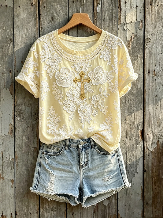 Women's Vintage Floral Cross Art Pattern Print Short-sleeved T-shirt