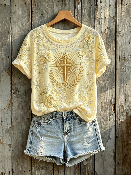 Women's Classy Floral Cross Print Round Neck Short-sleeved T-shirt