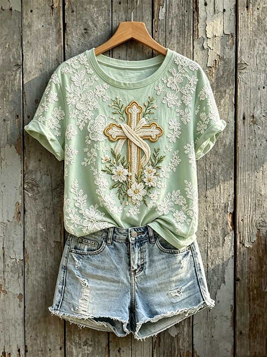 Women's Vintage Floral Cross Print Round Neck Short-sleeved T-shirt