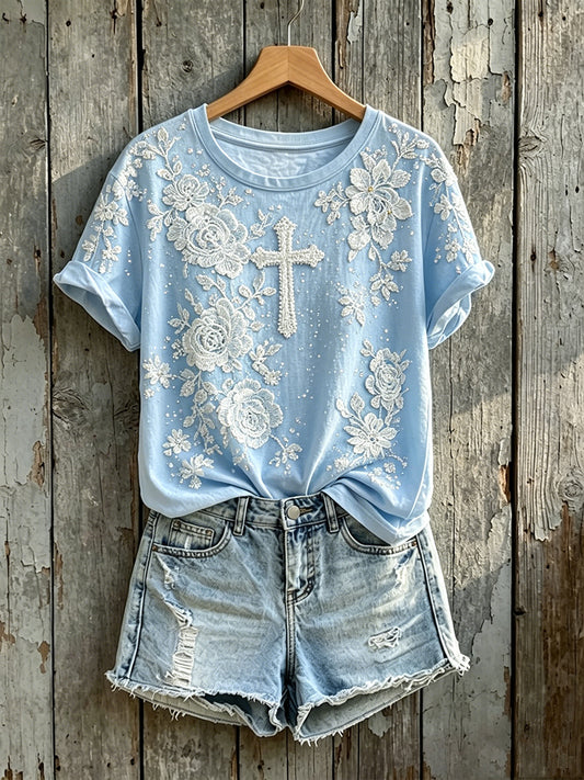 Women's Floral Cross Print Faith Round Neck Short-sleeved T-shirt