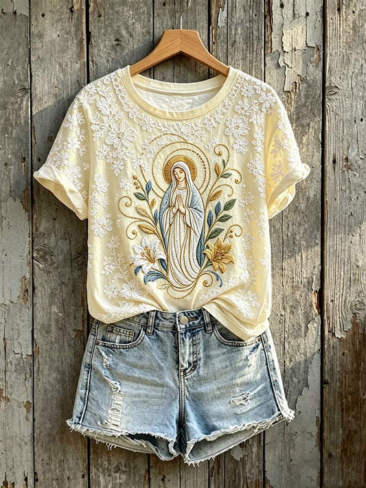 Women's Vintage Virgin Mary Floral Print Faith Short-sleeved T-shirt