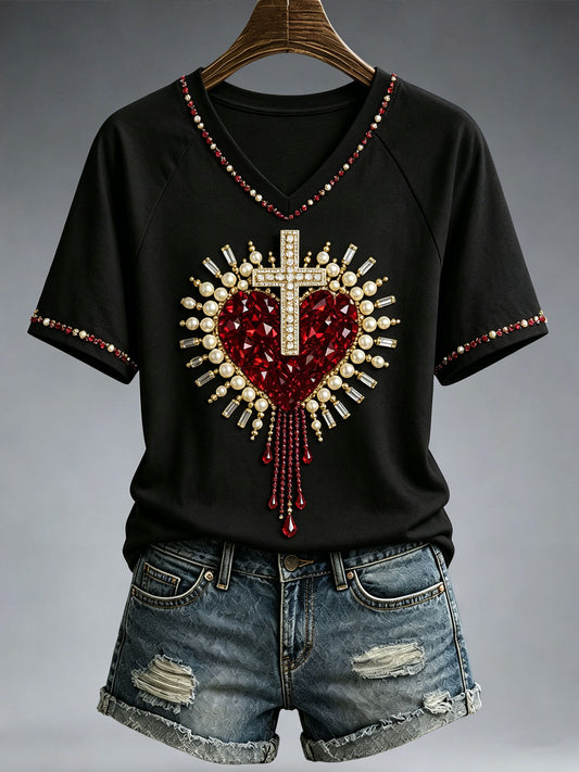 Women's Christian Cross Bead Embroidery Art T-Shirt