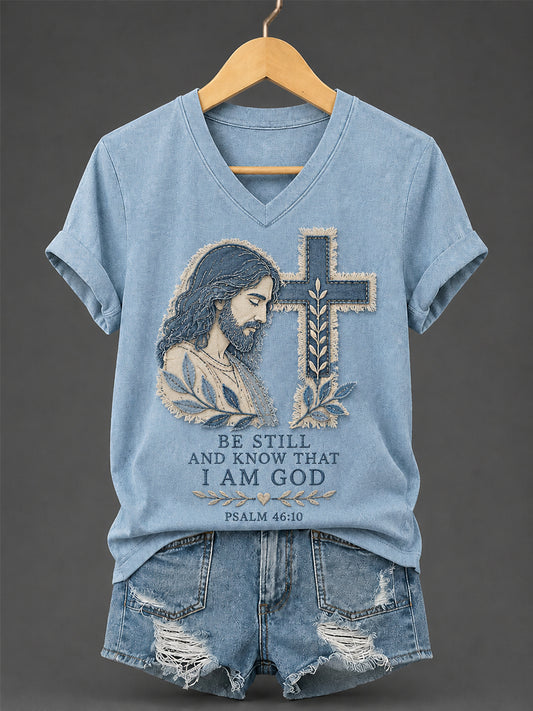 Women's Be Still And Know That I Am God Print Casual V-Neck Tee