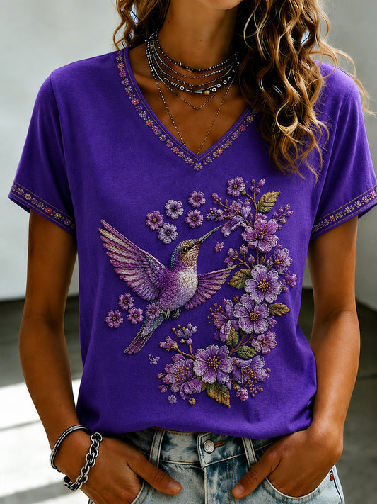Women's Purple Flora Art Printed V-neck T-shirt