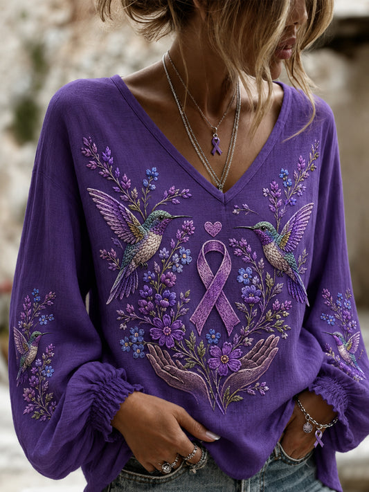 Women's Purple Floral & Hummingbird Print Alzheimer's Awareness Support V-Neck Tee