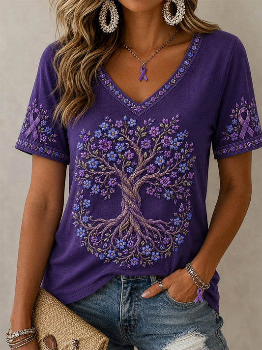 Women's Purple Floral Print Alzheimer's Awareness Support V-Neck Tee