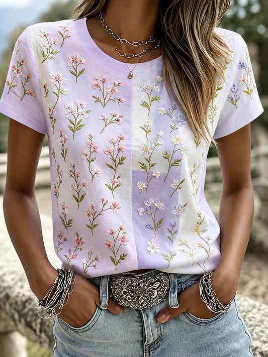 Women's Purple Flora Art Printed T-shirt