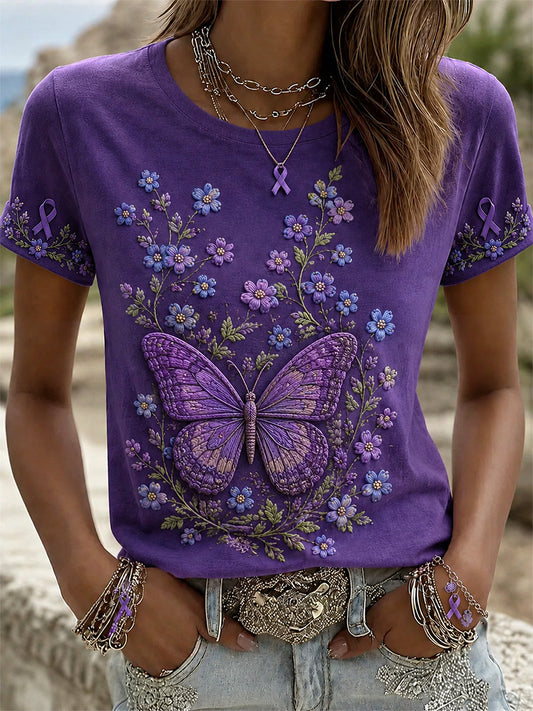Women's Purple Floral & Butterfly Print Alzheimer's Awareness Support Tee