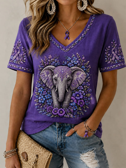Women's Purple Floral & Elephant Print Alzheimer's Awareness Support V-Neck Tee